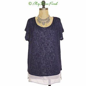 Gibson Woven Underlay Boxy Tunic Blouse Size M Sheer Top Knit Navy Blue  B46